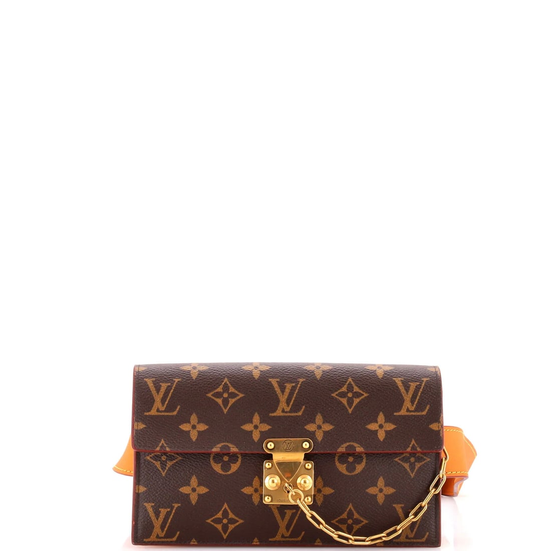 Lock Belt Pouch S Monogram Louis Vuitton: Lock Belt Pouch S Monogram Louis Vuitton Brown Louis Vuitton S Lock Belt Pouch Monogram Canvas Exterior, with minor creases and discoloration on the handles/straps, and a light odor inside. The interi