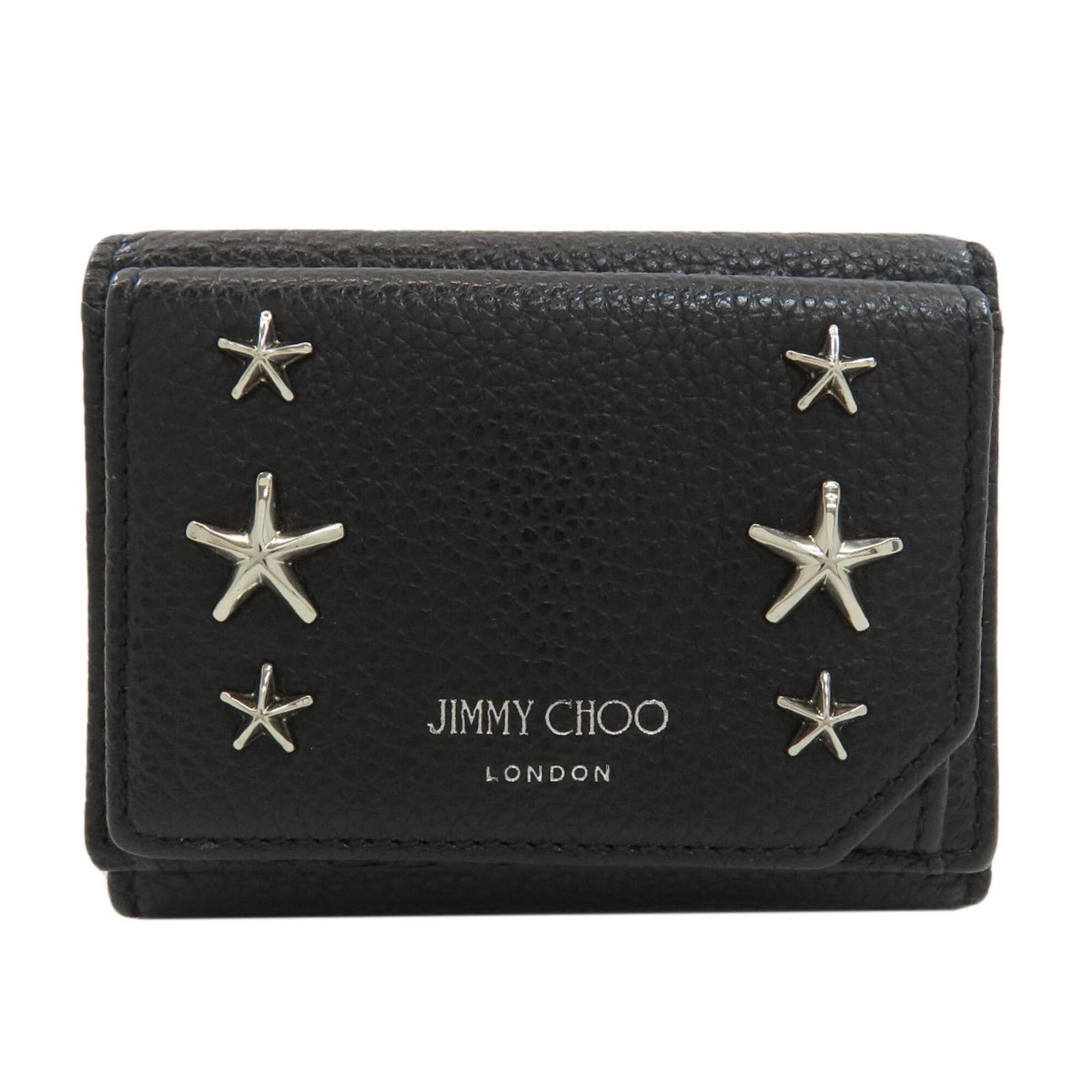 Choo Wallet Tri Fold Leather: Choo Wallet Tri Fold Leather Tri-fold leather wallet from Jimmy Choo, featuring a sleek black design with a compact 8cm x 10cm x 1cm size. This stylish wallet is made from high-quality leather,