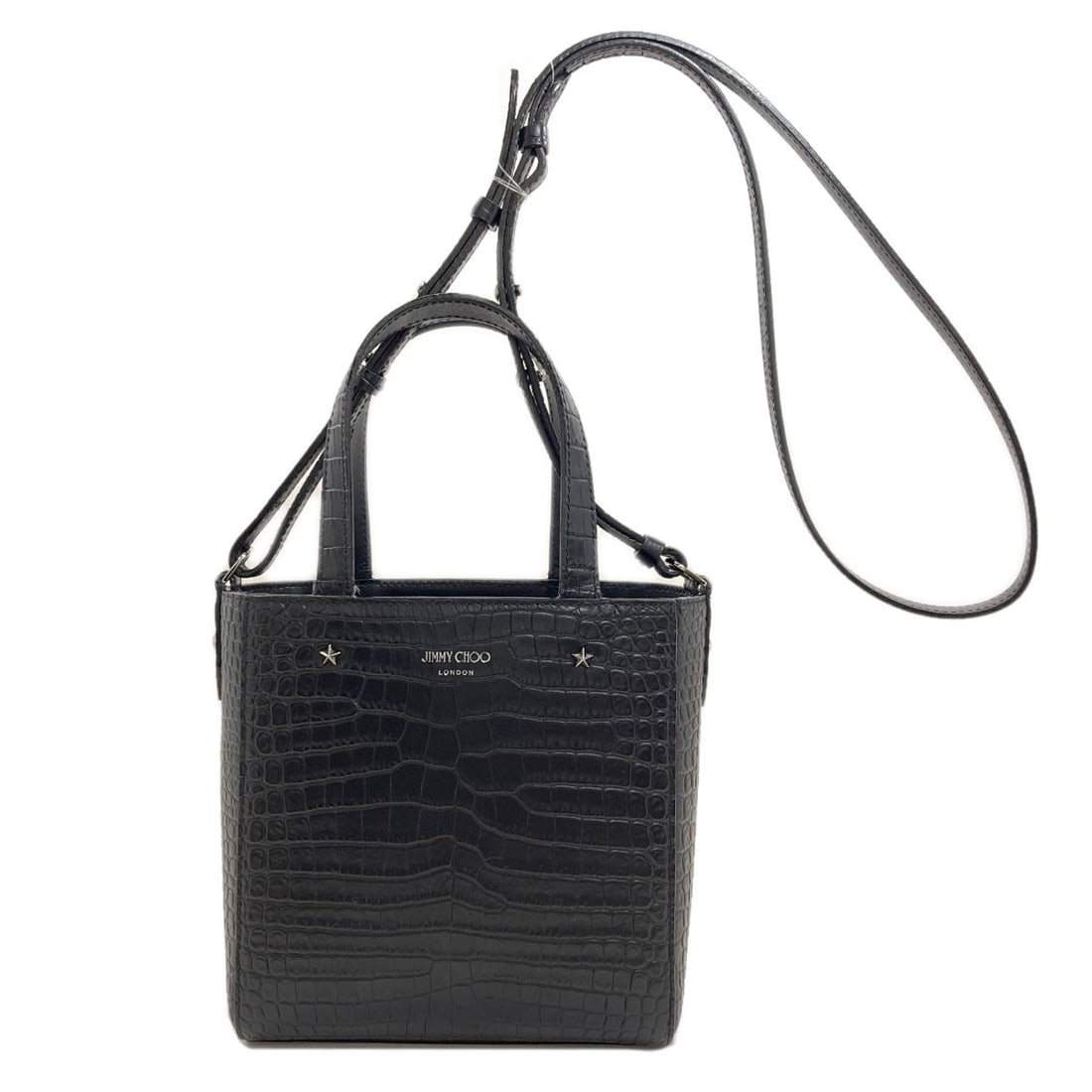 Jimmy Choo Calf Handbag: Jimmy Choo Calf Handbag Jimmy Choo's calf handbag boasts a sleek black exterior, measuring 6.9 inches in height and 6.5-7.5 inches in width. The bag's depth is 3.0 inches, and it features a snap