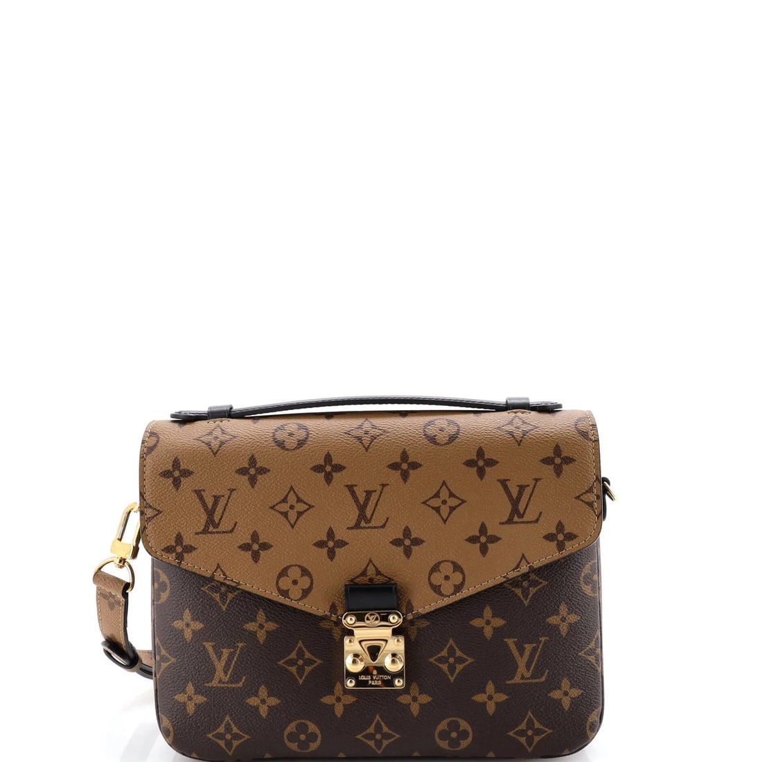 Monogram Reverse Canvas Pochette Louis Vuitton: Monogram Reverse Canvas Pochette Louis Vuitton Brown Monogram Reverse Canvas Pochette with Gold Hardware, featuring a cross body design and repainted wax edges, measures 8" tall, 9.5" wide, and 3"