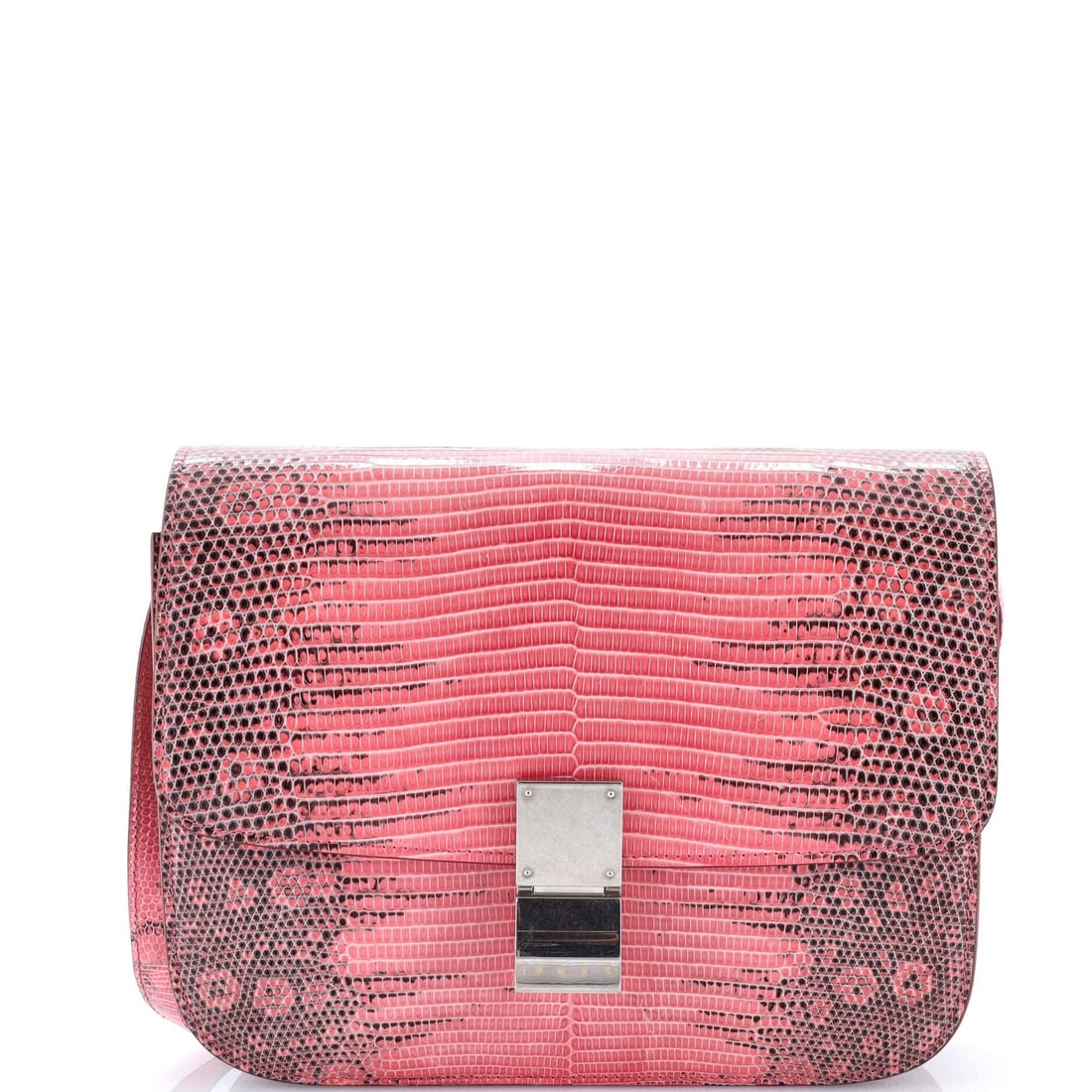 Classic Box Bag Celine Lizard Medium: Classic Box Bag Celine Lizard Medium The Celine Classic Box Bag Lizard Medium is a striking pink shoulder bag with an exotic lizard exterior. Measuring 7.5" in height, 9" in width, and 3" in depth, th