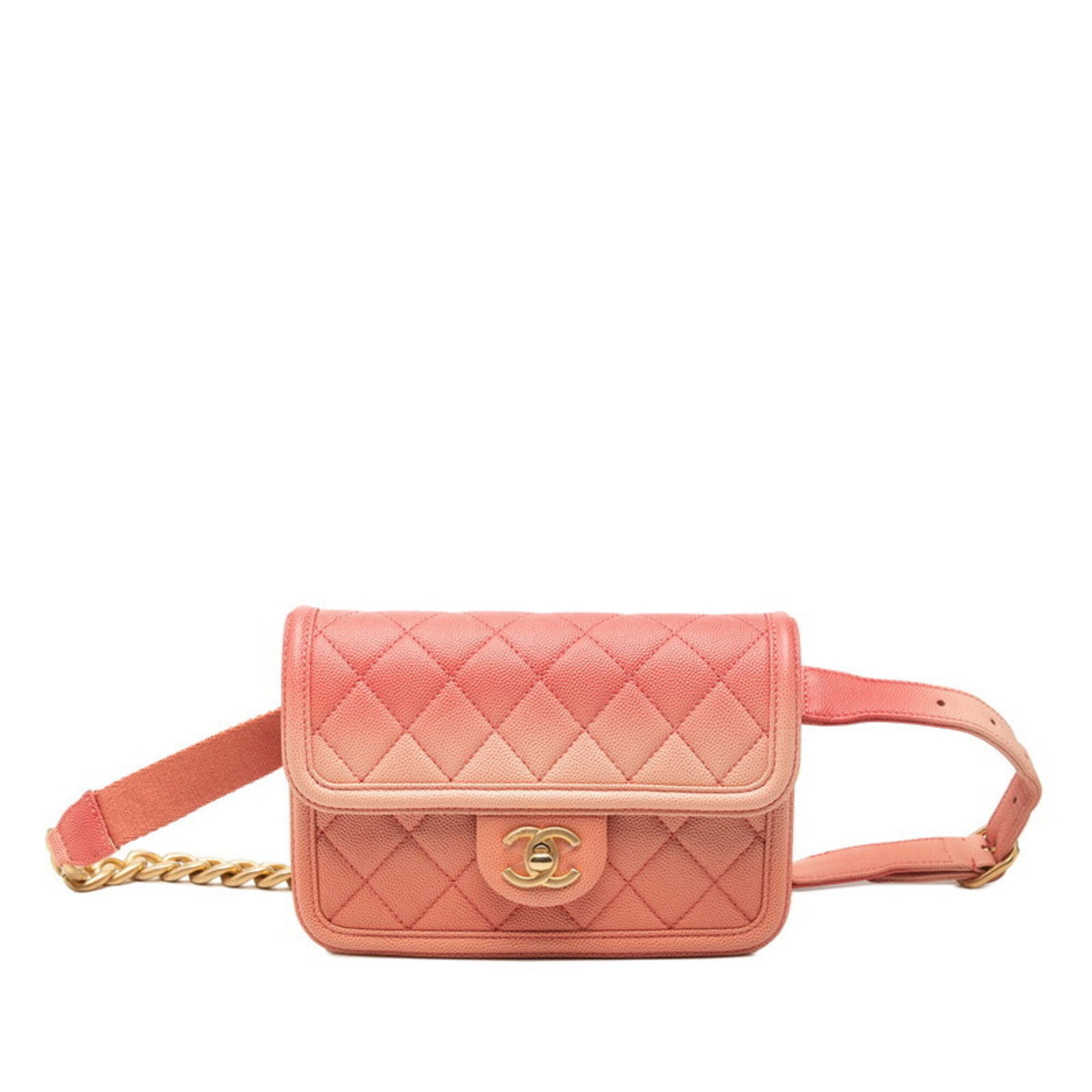 Calfskin fanny pack from Chanel: Calfskin fanny pack from Chanel Calfskin fanny pack from Chanel features a distinctive pink color and a classic Matelasse design, adding a touch of elegance to any outfit. Made from high-quality