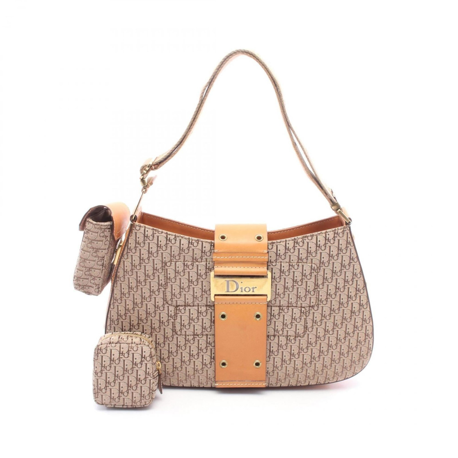 Canvas leather Christian Dior shoulder bag pouch handbag: Canvas leather Christian Dior shoulder bag pouch handbag Canvas leather Christian Dior shoulder bag pouch handbag in beige and brown, measuring 19cm x 32cm x 6cm. This stylish handbag features a
