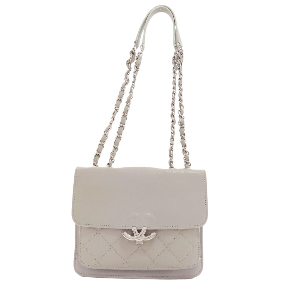 Coco Mark Silverhardware Chanel Half Calf Shoulder Bag: Coco Mark Silverhardware Chanel Half Calf Shoulder Bag Gray calf leather exterior, a classic Chanel shoulder bag design, with a timeless gray color that exudes sophistication. This stylish half-calf