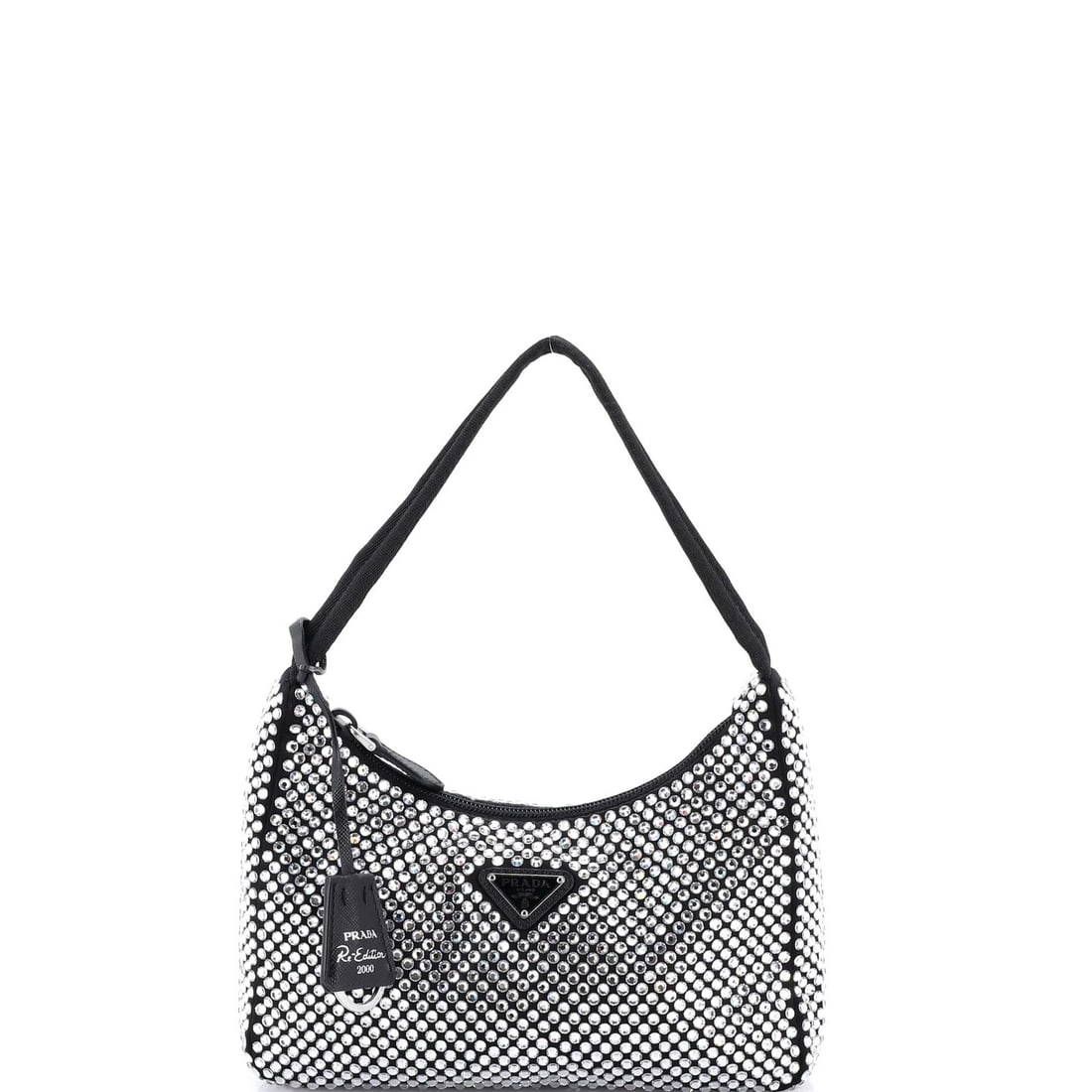 Crystal Satin Embellished Hobo Mini Re Edition Prada: Crystal Satin Embellished Hobo Mini Re Edition Prada Crystal Satin Embellished Hobo Mini Re Edition Prada is a stunning black crystal satin mini handbag with silver hardware, featuring a sleek and