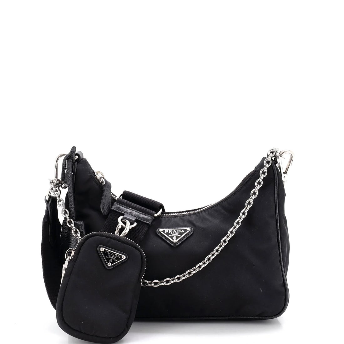 Re Edition Small Prada 2005 Bag Tessuto Shoulder: Re Edition Small Prada 2005 Bag Tessuto Shoulder Small Re-Edition Prada 2005 Bag with Tessuto Exterior in Black, featuring a cross-body design and extra strap for versatility. This 2005 model boasts a