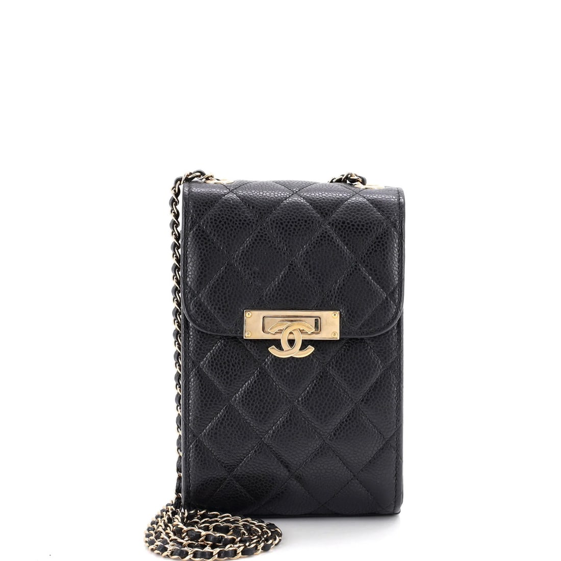 Caviar Quilted Class Golden Phone Holder Crossbody Bag: Caviar Quilted Class Golden Phone Holder Crossbody Bag Black quilted Caviar exterior, gold tone hardware, and luxurious leather interior make this Golden Class Phone Holder Crossbody Bag a stylish