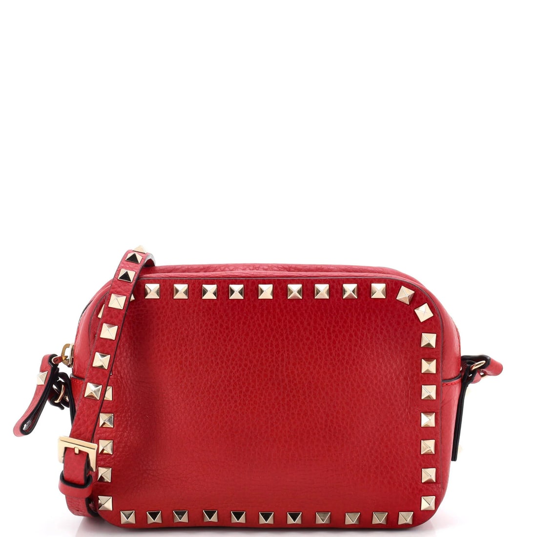 Garavani Valentino Rockstud Leather Camera Crossbody Bag: Garavani Valentino Rockstud Leather Camera Crossbody Bag The Garavani Valentino Rockstud Leather Camera Crossbody Bag is a striking red leather cross-body bag featuring the iconic Rockstud design.