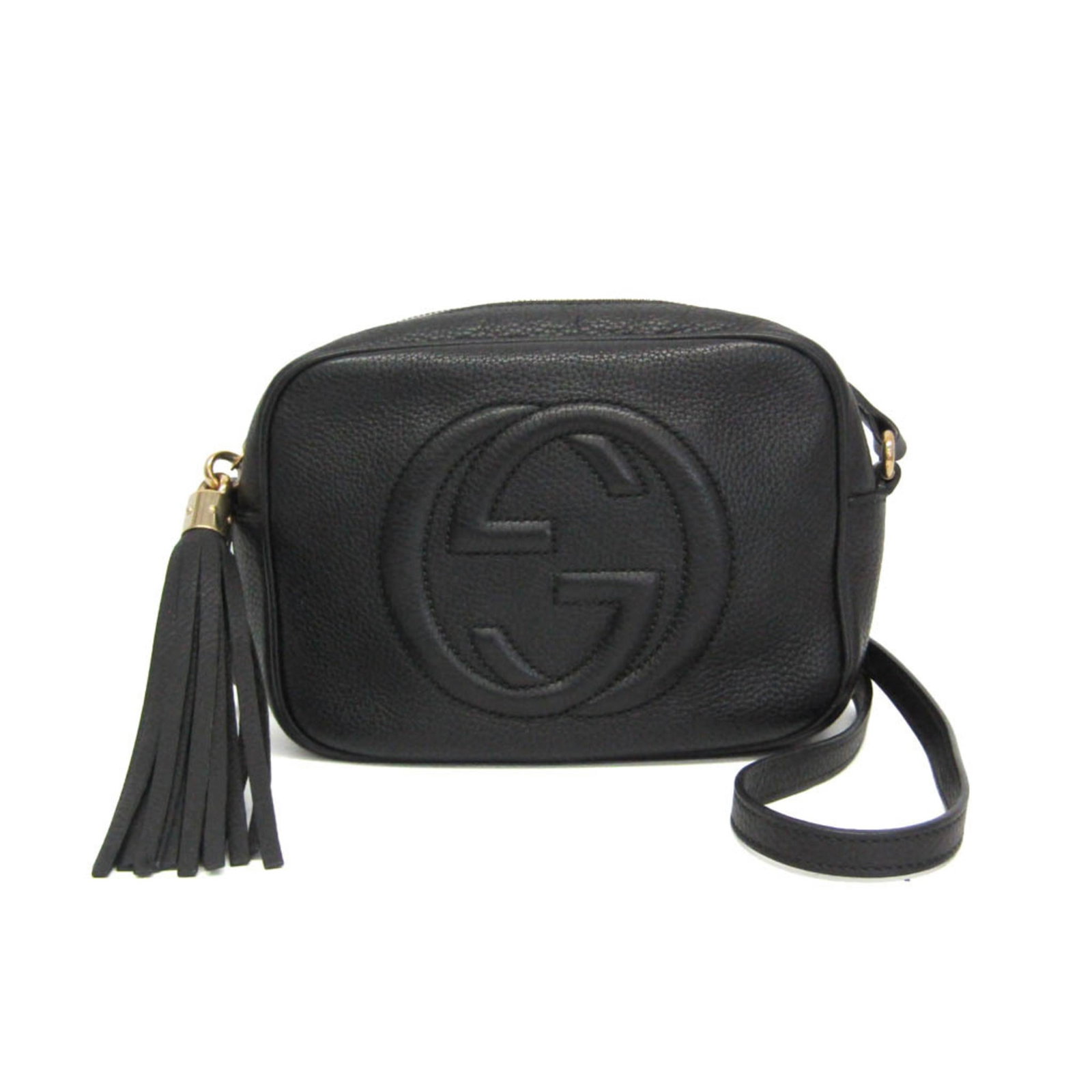 Shoulder Bag Leather: Shoulder Bag Leather The Gucci Soho Disco Bag is a sleek and sophisticated shoulder bag made from high-quality leather, featuring a striking black calfskin finish. Its distinctive interlocking G logo