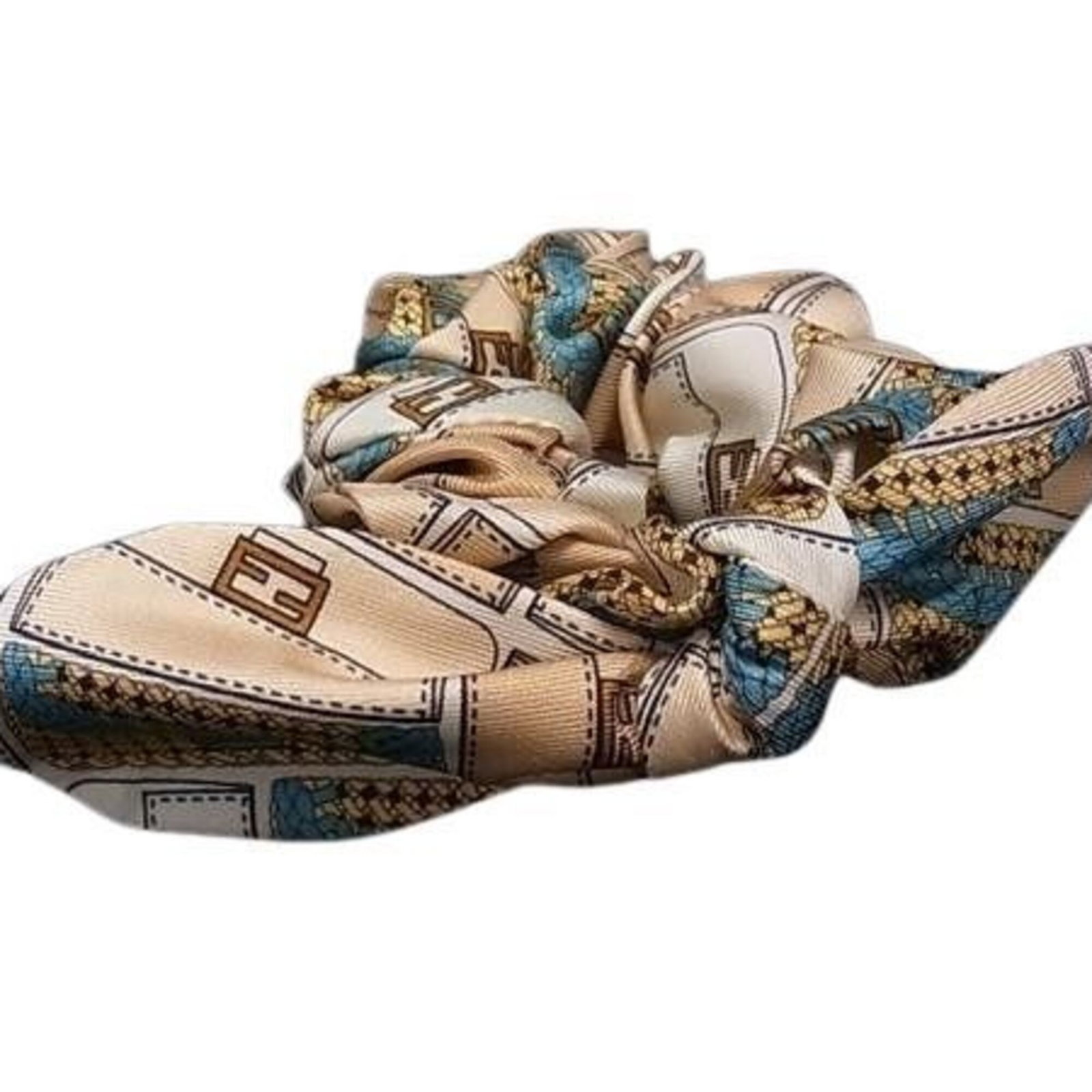 Fendi Scrunchie: Fendi Scrunchie Fendi Scrunchie in Multi-color, 9.5cm x 3.74'' in size, bearing a signature. This scrunchie is a colorful accessory from the renowned Italian fashion brand Fendi. Made with a