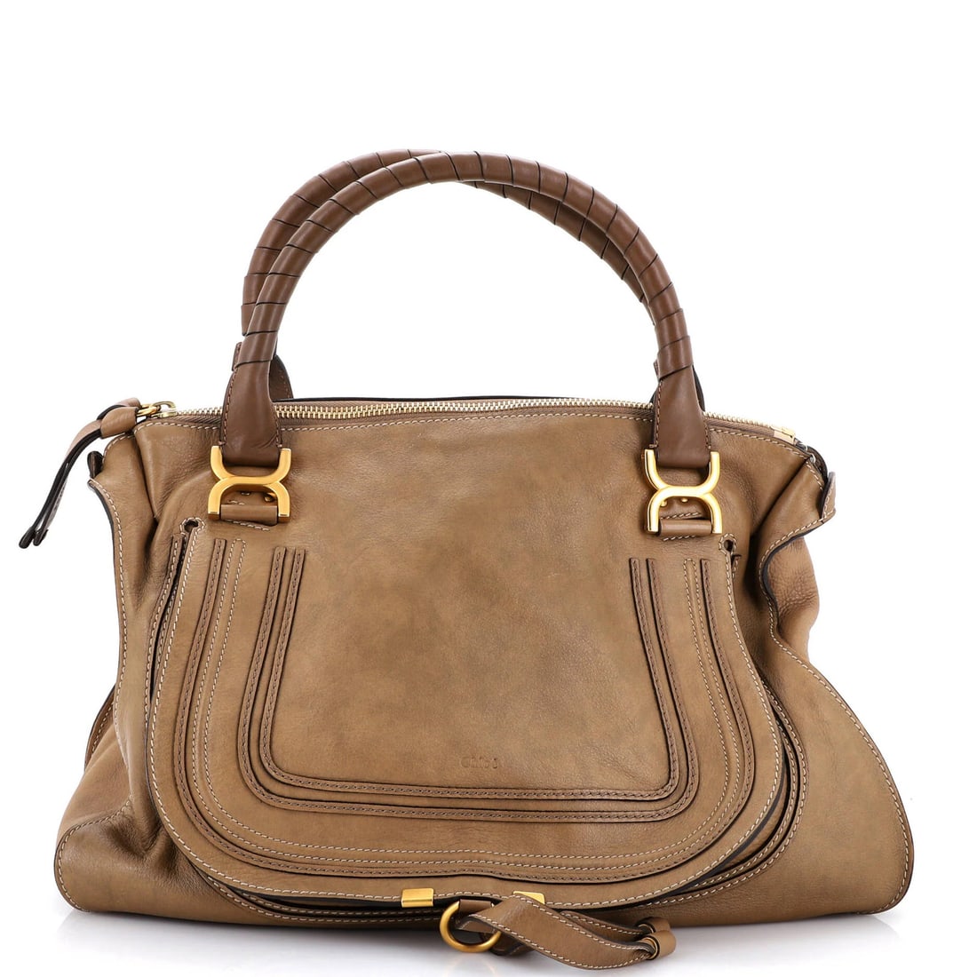 Large Leather Chloe Marcie Shoulder Bag: Large Leather Chloe Marcie Shoulder Bag Large Leather Chloe Marcie Shoulder Bag - Neutral Exterior with Green Interior and Gold Hardware. This large shoulder bag features a neutral exterior with scuff