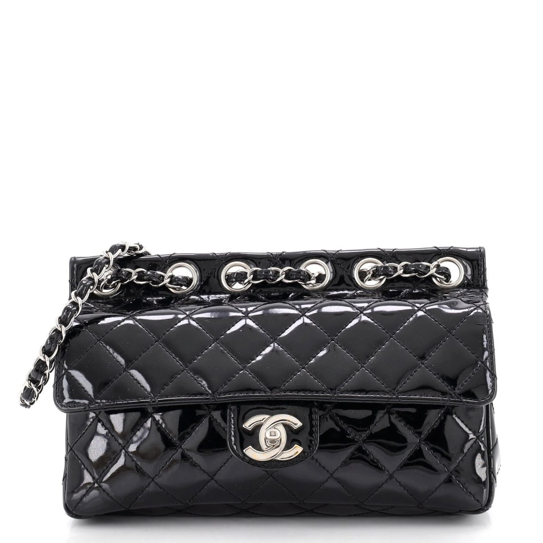 Quilted Patent Medium Bag Chain Through Chanel Flap: Quilted Patent Medium Bag Chain Through Chanel Flap Chain Through Flap Bag with Quilted Patent Leather Exterior in Black, featuring a medium size with 16" handle drop, and a classic shoulder bag