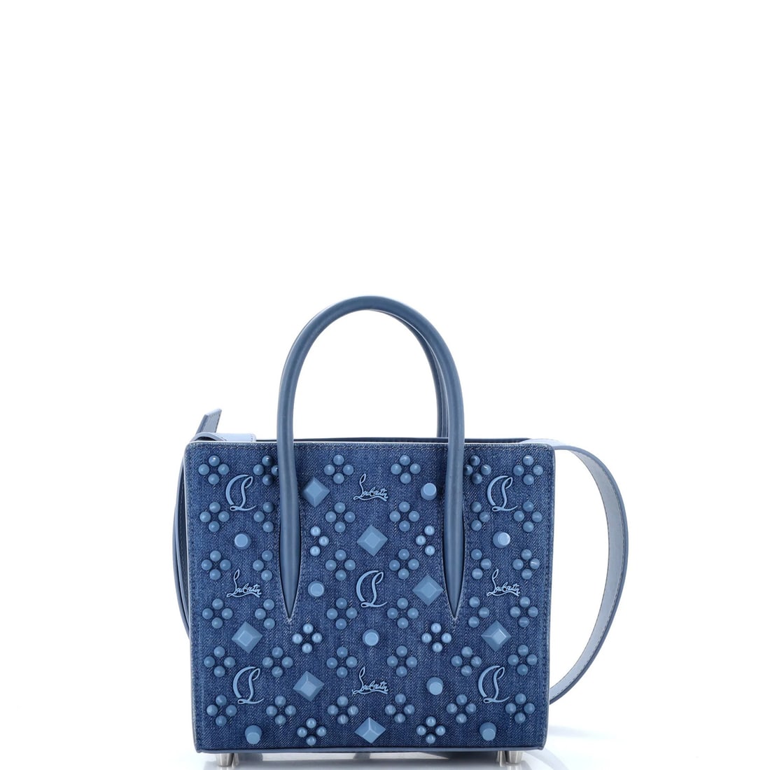 Small Embellished Paloma Tote Louboutin Denim Christian: Small Embellished Paloma Tote Louboutin Denim Christian Small Embellished Paloma Tote Louboutin Denim Christian in great condition. This blue denim and leather tote features a distinctive embellished