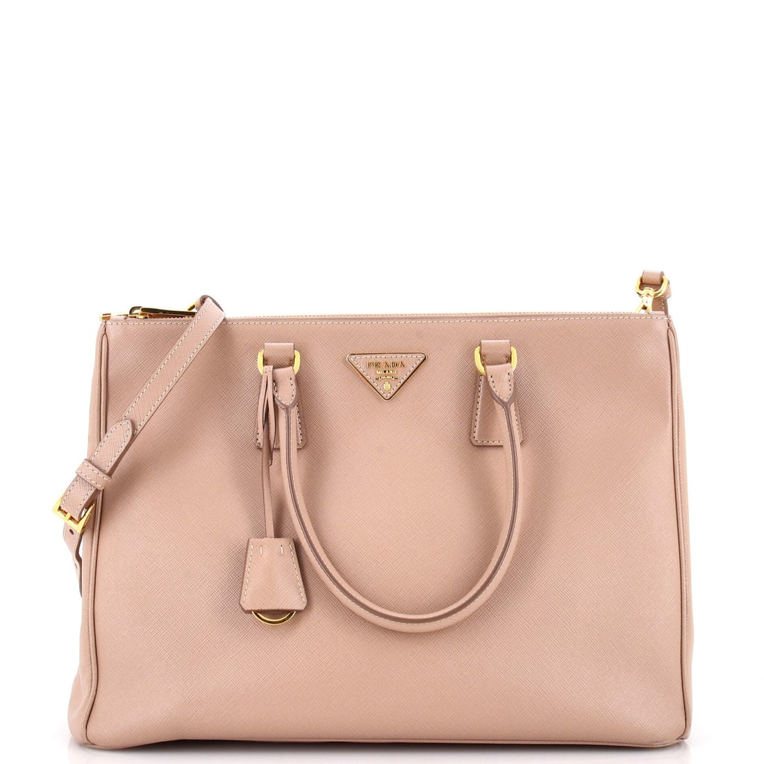 Saffiano Leather Double Zip Tote Large Prada Galleria: Saffiano Leather Double Zip Tote Large Prada Galleria Saffiano Leather Double Zip Tote Large Prada Galleria - Neutral Exterior, Gold Hardware, and Interior Features a Neutral Fabric. This Large Prada