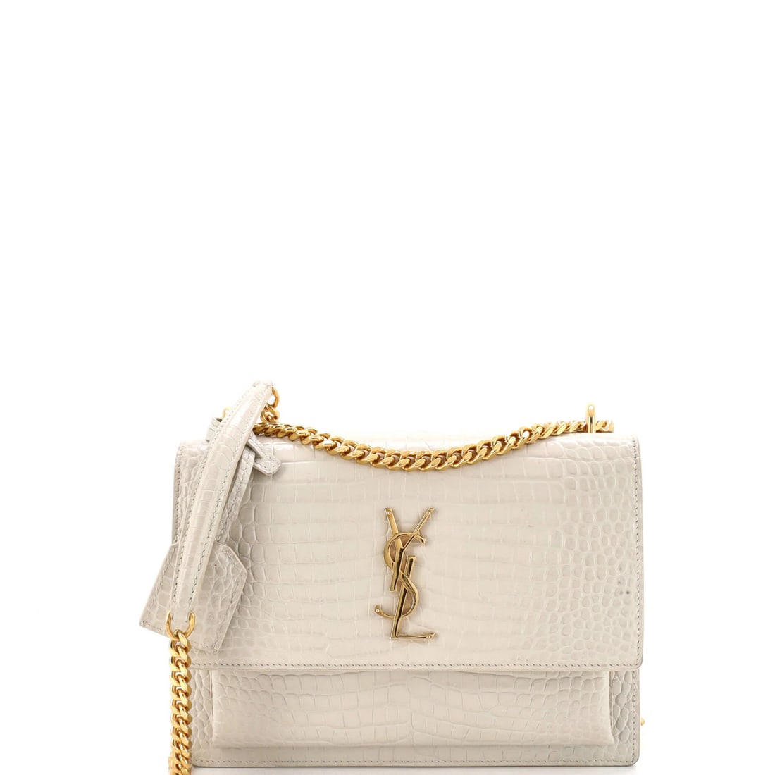 Laurent Saint Crocodile Embossed Leather Medium Crossbody Bag: Laurent Saint Crocodile Embossed Leather Medium Crossbody Bag White crocodile embossed leather medium crossbody bag with gold hardware, featuring a neutral interior and a classic design. The bag's