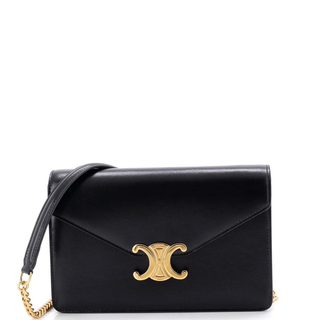 Margo Celine Leather Chain Wallet Triomphe: Margo Celine Leather Chain Wallet Triomphe The Margo Celine Leather Chain Wallet Triomphe boasts a sleek, black leather exterior with gold hardware, adding a touch of sophistication to any outfit. Its