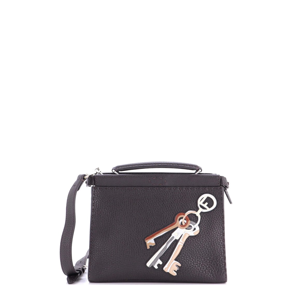 Selleria Peekaboo Leather Bag Fit with Applique Mini: Selleria Peekaboo Leather Bag Fit with Applique Mini Selleria Peekaboo Leather Bag Fit with Applique Mini features a rich brown leather exterior with a subtle print, complemented by silver hardware