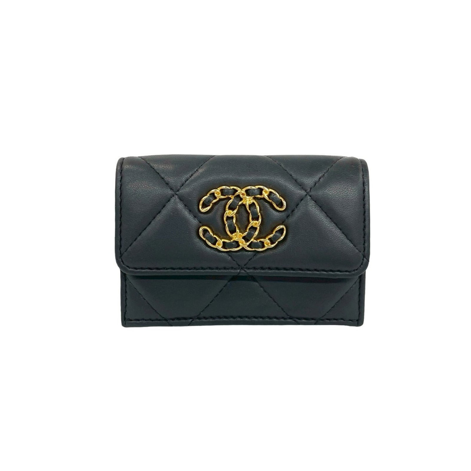 Chanel Wallet (Tri-Fold) Leather: Chanel Wallet (Tri-Fold) Leather Gray tri-fold leather wallet from Chanel, measuring 8cm x 10.5cm x 4cm. This lambskin wallet features a classic design with a timeless aesthetic. Made from