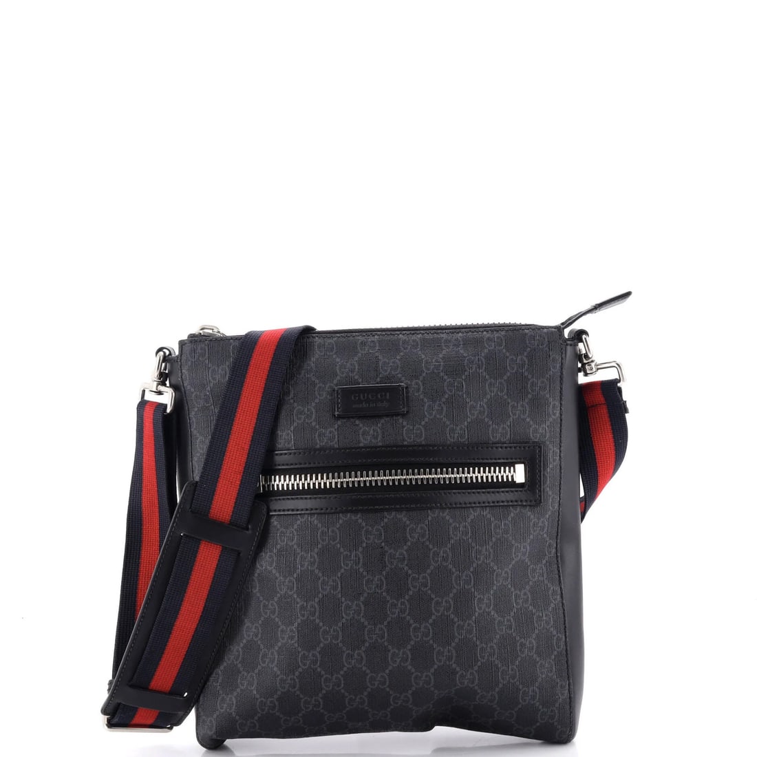 Gucci Web Strap Front Zip Canvas Medium Coated Messenger Bag GG: Gucci Web Strap Front Zip Canvas Medium Coated Messenger Bag GG Canvas Coated Gucci Web Strap Front Zip Messenger Bag in Black. This medium-sized messenger bag boasts a sleek web strap design and