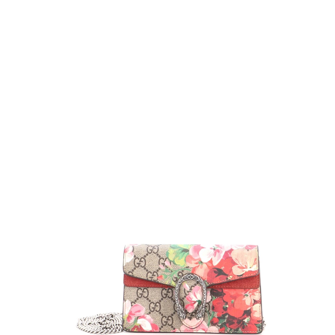 Gucci Coated Canvas Blooms Print Dionysus Bag Super Mini GG: Gucci Coated Canvas Blooms Print Dionysus Bag Super Mini GG Super Mini GG Dionysus Bag Blooms Print Gucci Coated Canvas Bag in Brown with Suede Red Interior and Silver Hardware. This cross-body bag fe