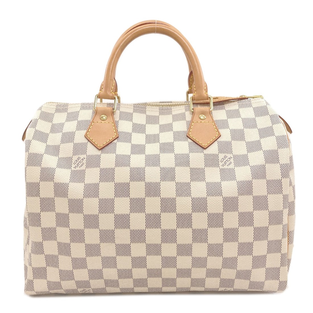Damier Canvas Handbag 30 Speedy Louis Vuitton: Damier Canvas Handbag 30 Speedy Louis Vuitton Damier canvas handbag with a classic 30 Speedy design, featuring a white exterior with a signature Damier pattern. Measuring 8.3 inches in height and 6.9