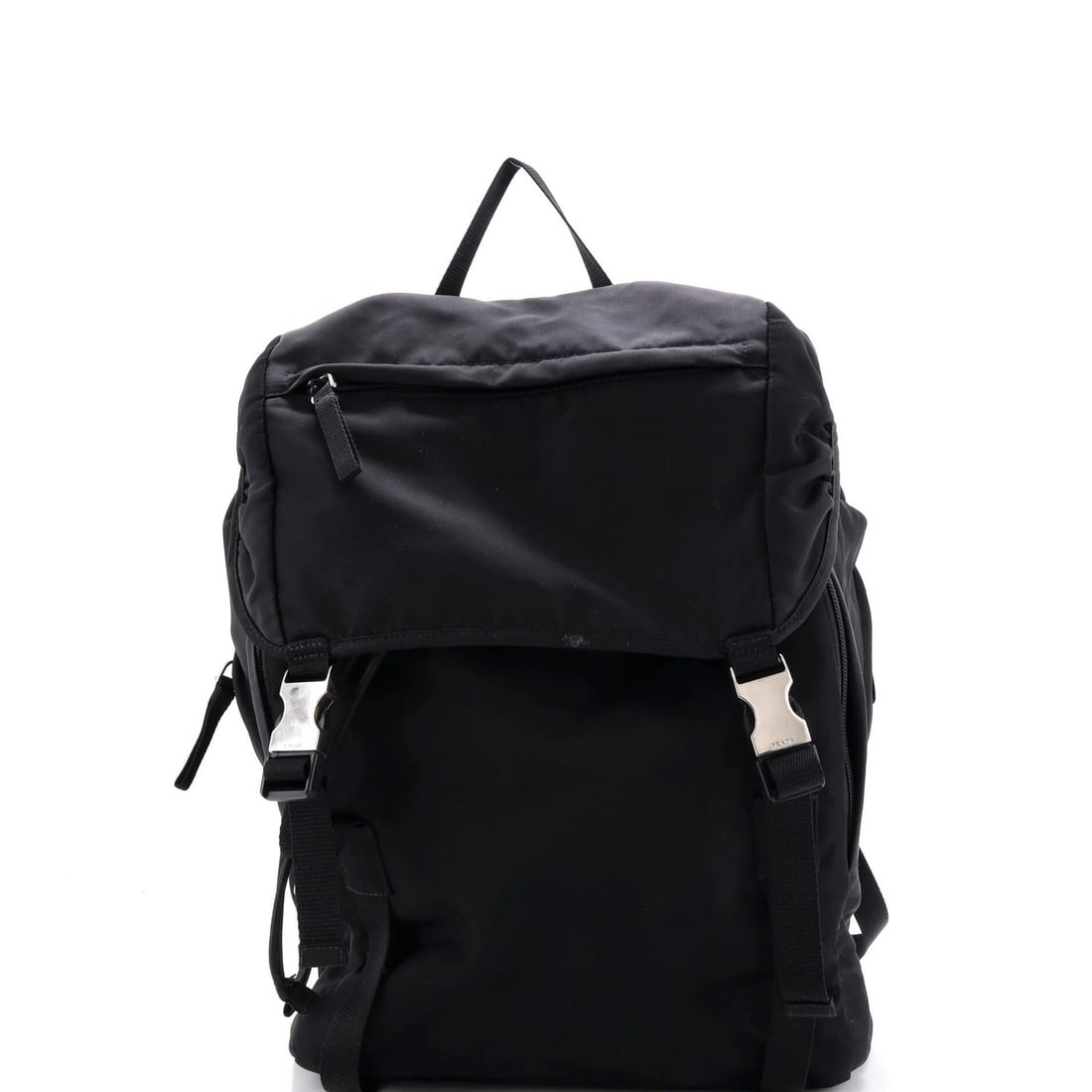 Double Buckle Backpack Prada Medium Tessuto: Double Buckle Backpack Prada Medium Tessuto Black Double Buckle Backpack with Tessuto Medium Exterior, featuring a classic Prada design and durable nylon construction. The backpack's exterior shows si