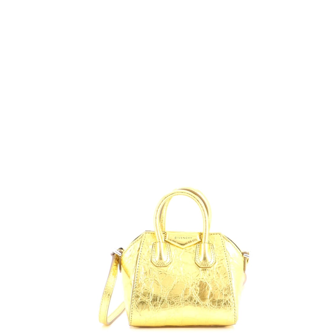 Bag Leather Micro Antigona Givenchy: Bag Leather Micro Antigona Givenchy Gold leather Bag with minor creases, minor scuffs on handles, and minor scratches on hardware. The interior features black leather and silver hardware, measuring