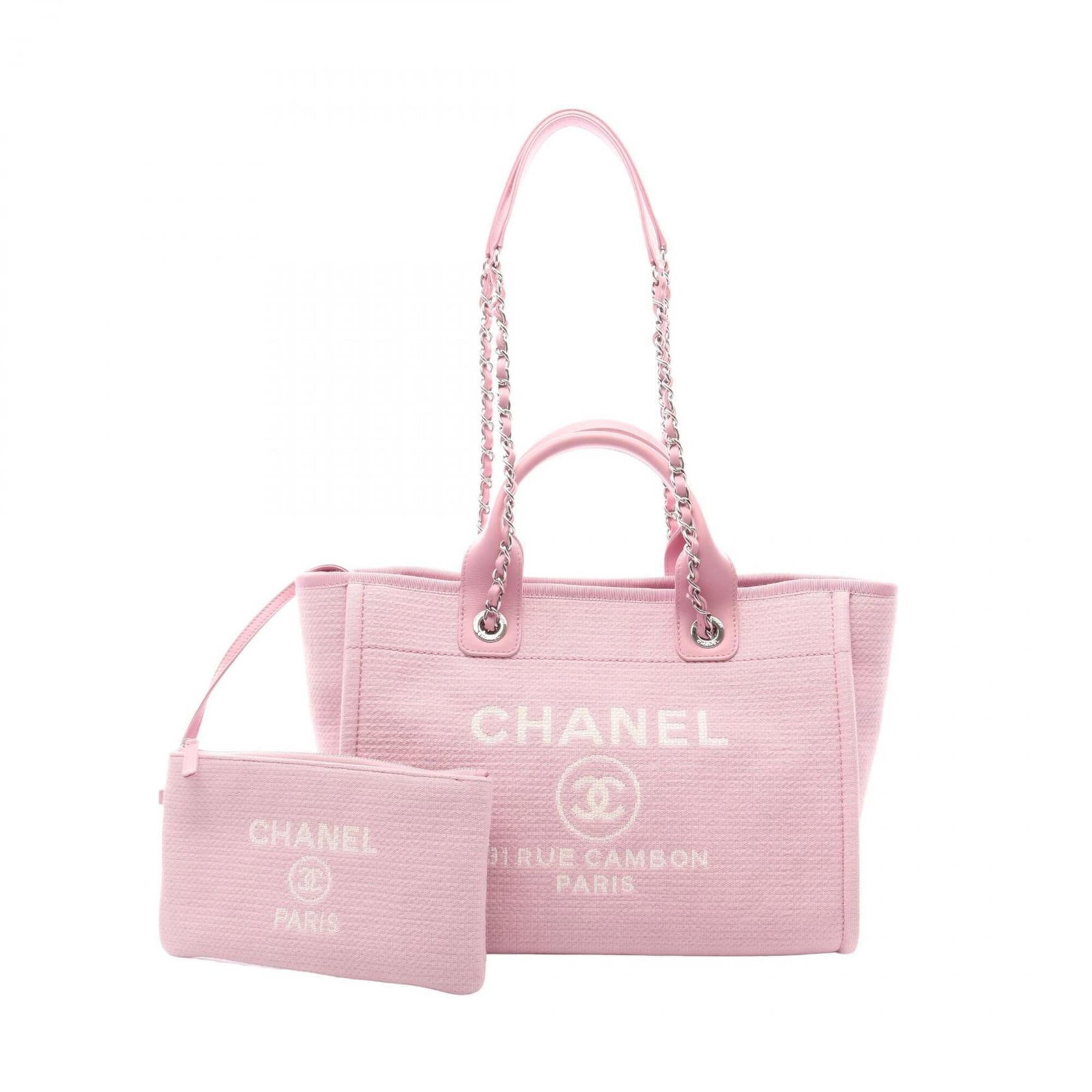 Canvas Leather Tote Bag Pouch Chanel: Canvas Leather Tote Bag Pouch Chanel Canvas Leather Tote Bag Pouch from Chanel features a striking pink color and sleek silver hardware, adding a touch of sophistication to any outfit. Made from