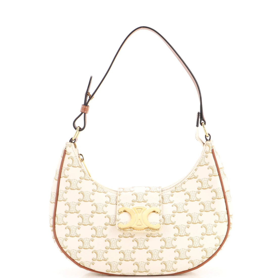 Canvas Coated Triomphe Bag Triomphe Ava Celine: Canvas Coated Triomphe Bag Triomphe Ava Celine Canvas Coated Triomphe Bag Triomphe Ava Celine features a white canvas exterior with gold hardware and a brown interior. The bag boasts a classic