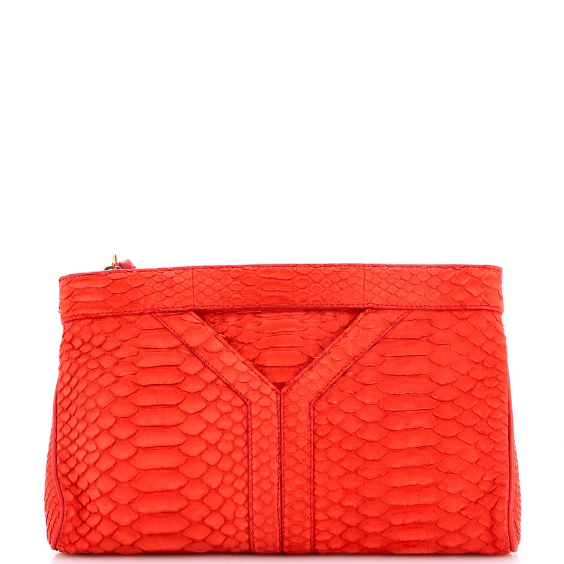 Saint Laurent Y Zip Python Clutch: Saint Laurent Y Zip Python Clutch The Saint Laurent Y Zip Python Clutch boasts a striking red python exterior, adorned with a gold zip closure, and features a satin interior in a matching hue.