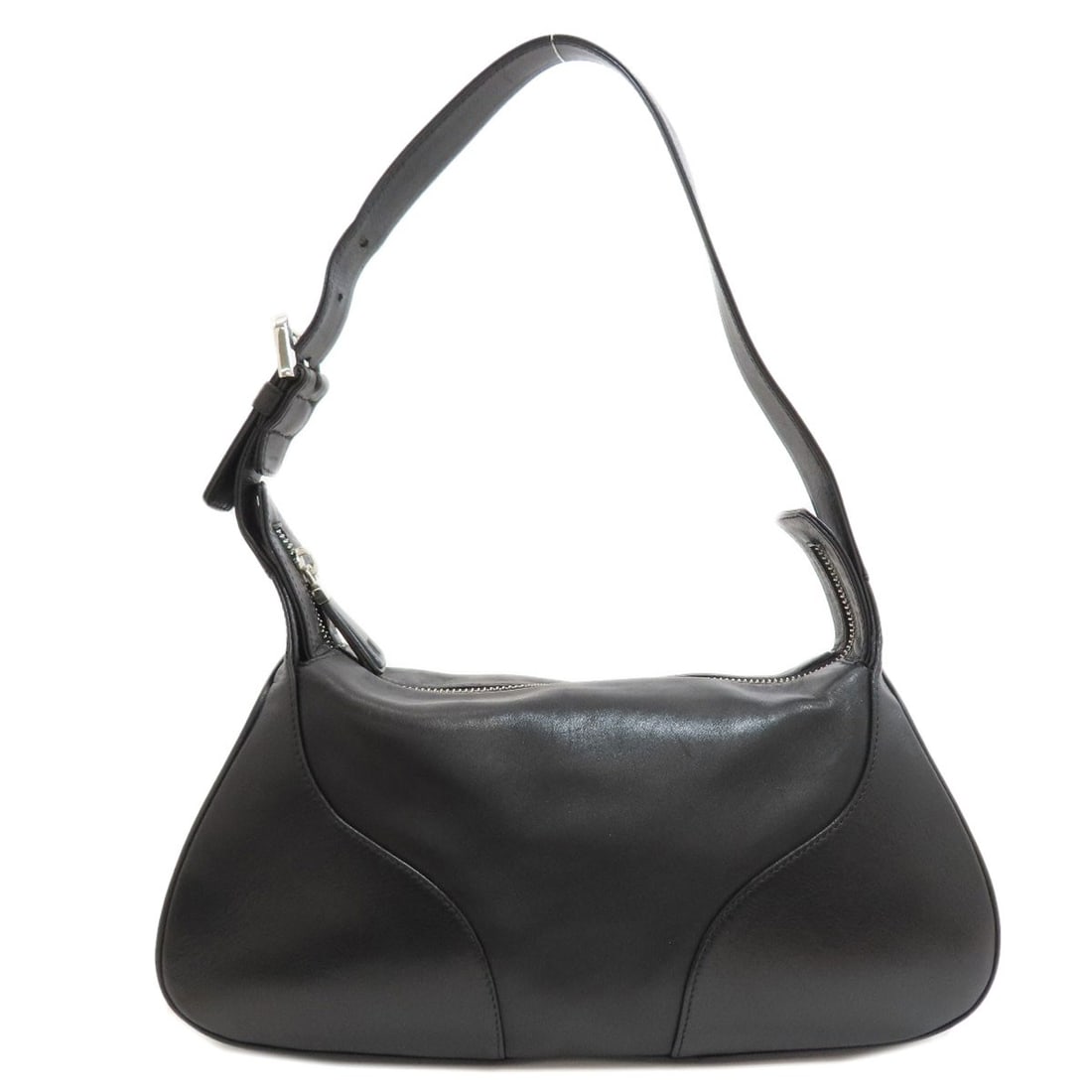 Shoulder Bag Leather Belt One Bally: Shoulder Bag Leather Belt One Bally Black leather shoulder bag with a zip closure, measuring 4.7 inches in height and 3.9 inches in depth. The bag's exterior width ranges from 8.7 to 11.0 inches, and
