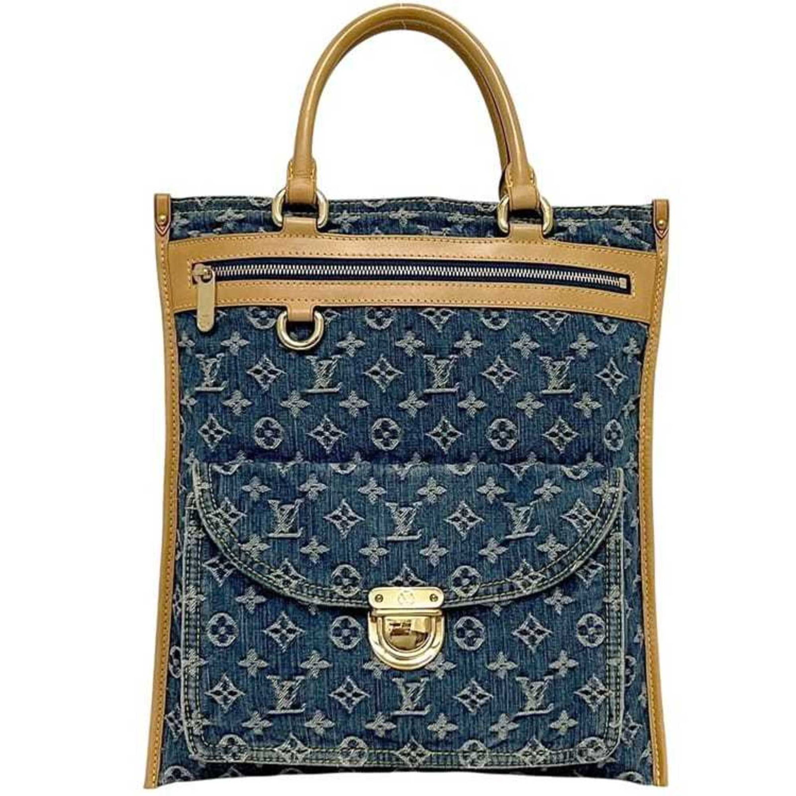 Monogram Denim Leather Louis Vuitton Tote Bag: Monogram Denim Leather Louis Vuitton Tote Bag Monogram Denim Leather Louis Vuitton Tote Bag features a striking blue monogram denim exterior with a sturdy leather interior, showcasing the iconic