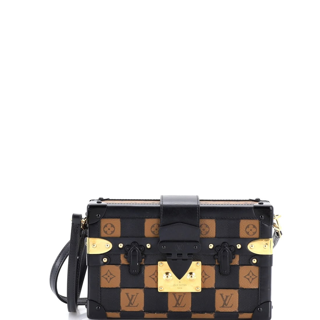 Handbag Damier Tressage Monogram Canvas Leather Vuitton Louis Petite: Handbag Damier Tressage Monogram Canvas Leather Vuitton Louis Petite Black canvas and leather Louis Vuitton Petite Malle handbag with Damier Tressage monogram pattern, featuring a classic clutches
