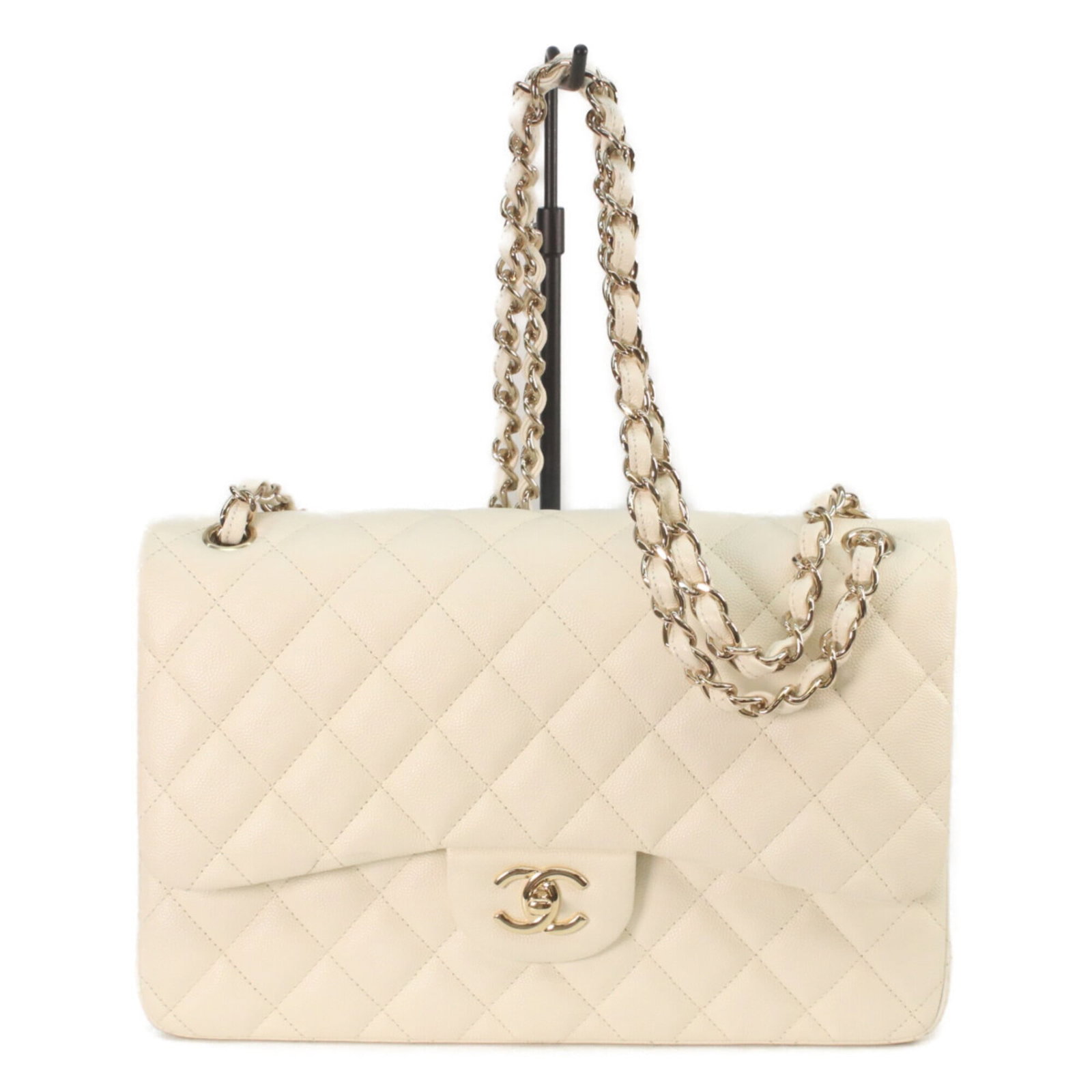 Calfskin Grained Chanel Bag Shoulder: Calfskin Grained Chanel Bag Shoulder The Calfskin Grained Chanel Bag Shoulder boasts a timeless design with its classic ivory color and gold hardware, exuding a sophisticated elegance. Made from high-