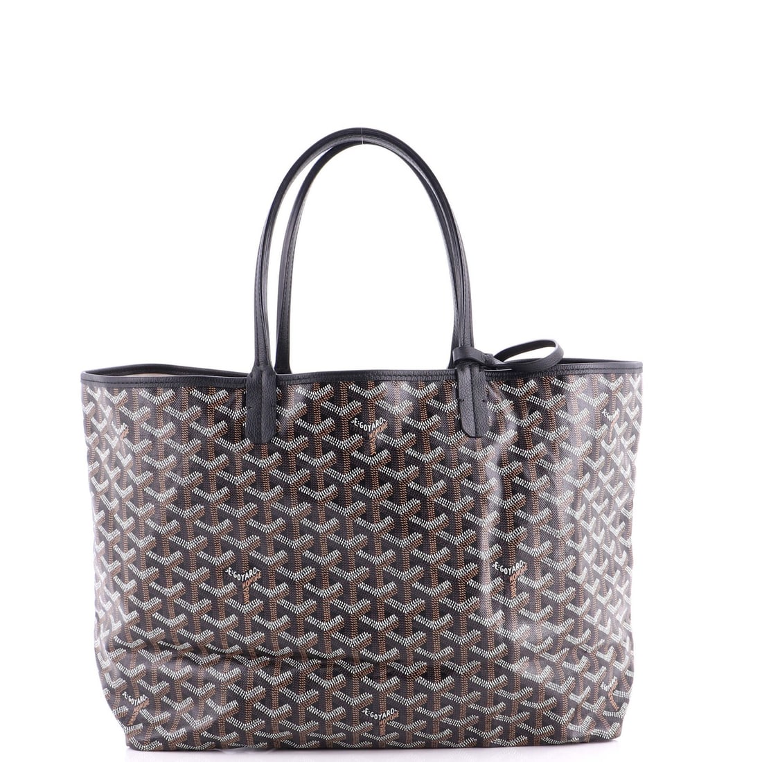 Saint Louis Tote Goyard Coated Canvas PM: Saint Louis Tote Goyard Coated Canvas PM Black Goyard Coated Canvas Saint Louis Tote PM with neutral interior and silver hardware, featuring a classic design with exterior creases and cracking on hand