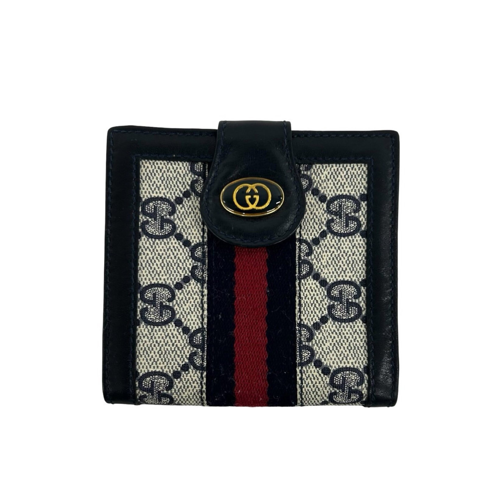 Pvc Leather Bi Fold Wallet: Pvc Leather Bi Fold Wallet PVC leather bi-fold wallet from Gucci, featuring a classic design with a navy and red color combination. Made with a durable PVC and leather material, this wallet measures 9