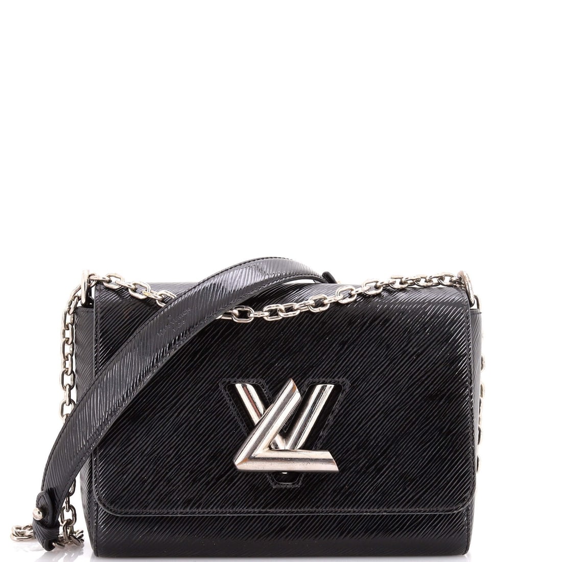 Twist Handbag Electric Leather Louis Vuitton Epi MM: Twist Handbag Electric Leather Louis Vuitton Epi MM Black Louis Vuitton Twist Handbag with Epi Leather Exterior, featuring a silver hardware and microfiber interior, measures 7" high, 9" wide, and 3" 