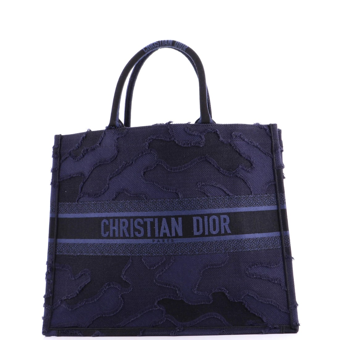 Christian Dior Book Canvas Tote Large Camouflage Embroidered: Christian Dior Book Canvas Tote Large Camouflage Embroidered The Christian Dior Book Canvas Tote Large Camouflage Embroidered is a striking blue canvas tote with a unique camouflage embroidery