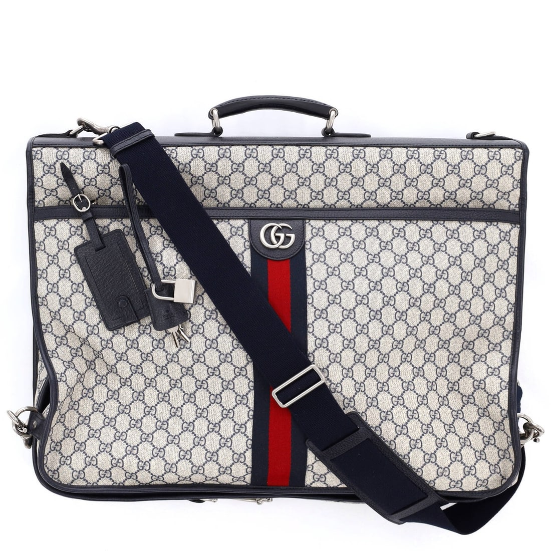Gucci GG Coated Canvas Savoy Web Garment Bag: Gucci GG Coated Canvas Savoy Web Garment Bag Blue Gucci GG Coated Canvas Savoy Web Garment Bag with minor creases, scuffs, and scratches. This canvas coated exterior bag features a top handle and