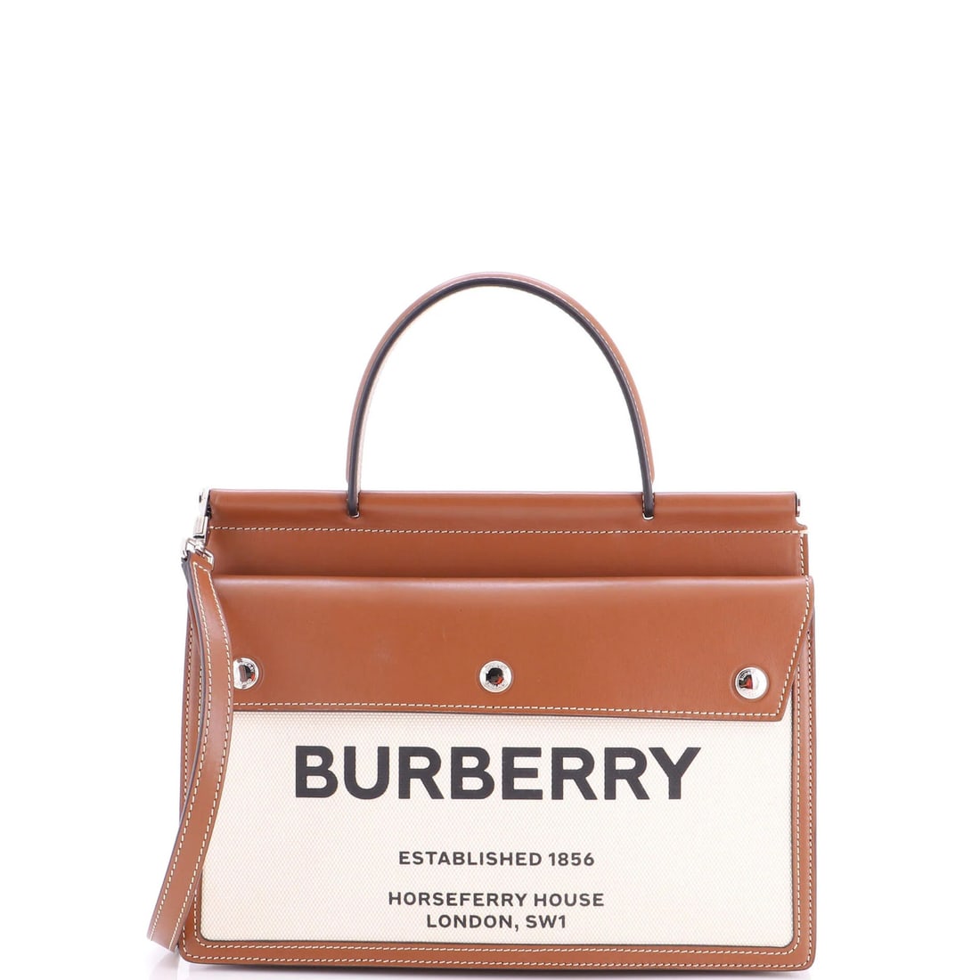 Burberry Title Pocket Bag Horseferry Print Canvas with Leather Small: Burberry Title Pocket Bag Horseferry Print Canvas with Leather Small Burberry's Title Pocket Bag Horseferry Print Canvas with Leather Small is a stylish shoulder bag featuring a classic brown canvas e