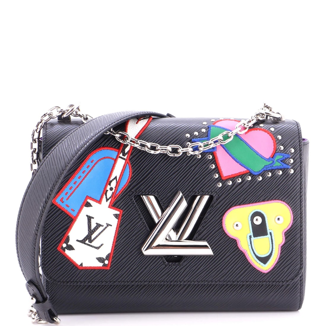 Twist Handbag Limited Edition Louis Vuitton Leather Epi Patches MM: Twist Handbag Limited Edition Louis Vuitton Leather Epi Patches MM Black Leather Twist Handbag with Epi Patches in Mm Size, Featuring a Classic Shoulder Bag Design with a Twist. This Limited Edition