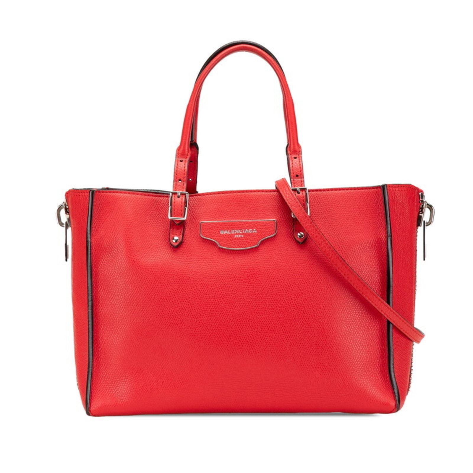 Balenciaga Shoulder Bag Tote Bag Leather: Balenciaga Shoulder Bag Tote Bag Leather Red leather Balenciaga shoulder bag tote bag with mirror and adjustable shoulder strap. This bag features a striking red color and measures 18cm x 26cm x