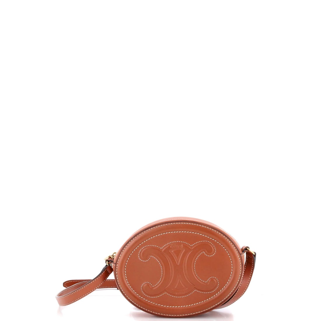 Triomphe Oval Crossbody Leather Mini Bag Celine: Triomphe Oval Crossbody Leather Mini Bag Celine Brown leather Triomphe Oval Crossbody Bag with gold hardware, featuring a classic oval shape and a sleek design. Measuring 5" height, 6" width, and 2"