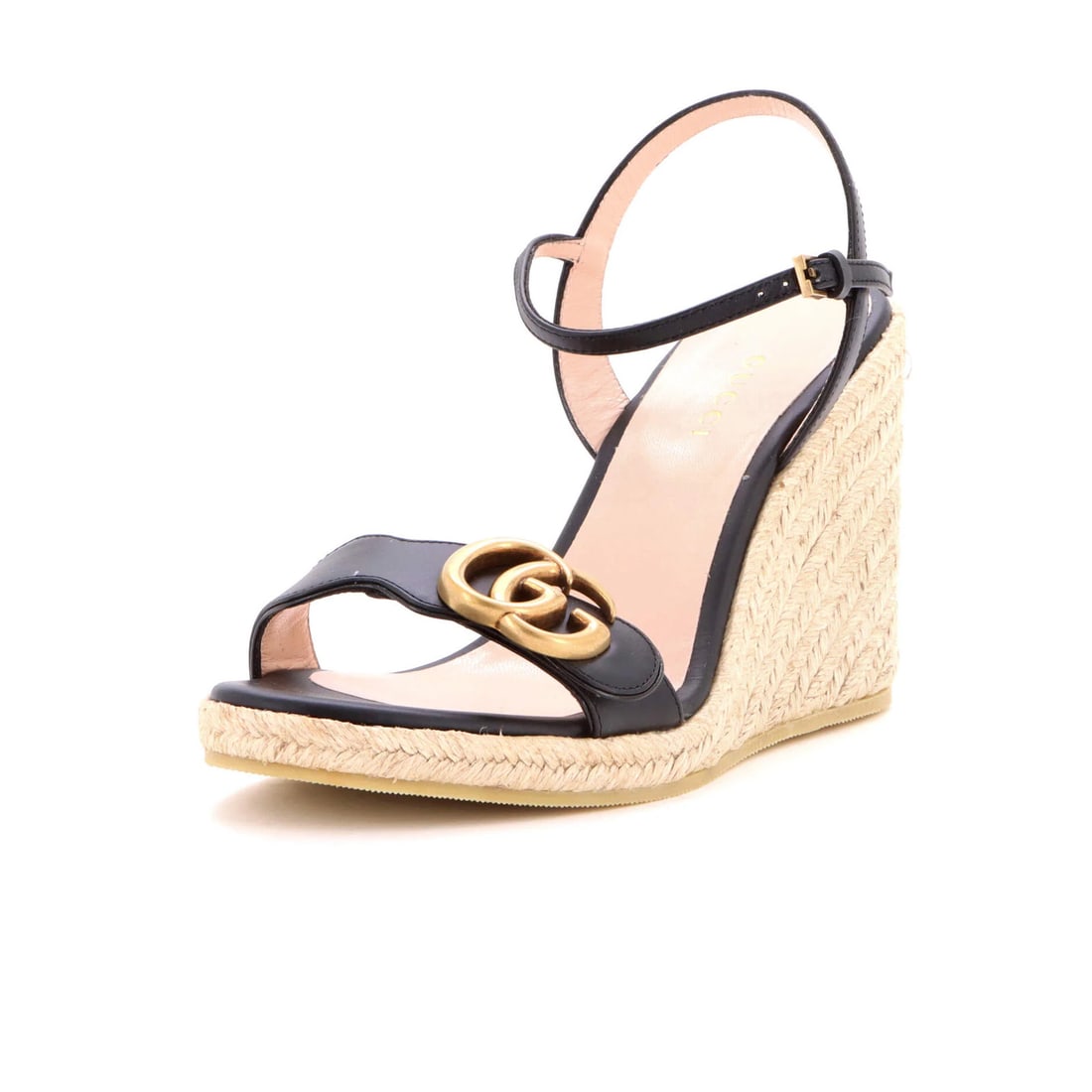 Women's Espadrilles Wedge Aitana Leather Gucci: Women's Espadrilles Wedge Aitana Leather Gucci Black Gucci Aitana Wedge Espadrilles with Leather Upper and Jute Exterior, featuring a neutral interior and aged gold hardware. The shoes have a classic