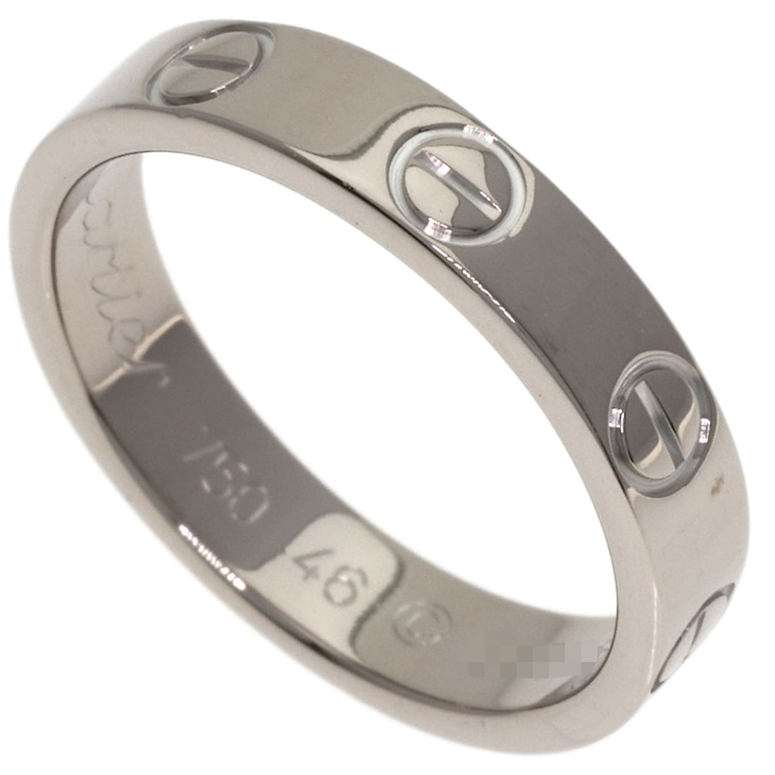 Mini Cartier Love Ring K18 Gold White: Mini Cartier Love Ring K18 Gold White K18 White Gold Cartier Love Ring offers a sleek, silver-toned design with an open ring closure. This 3.75 US ring size piece features the iconic Cartier Love