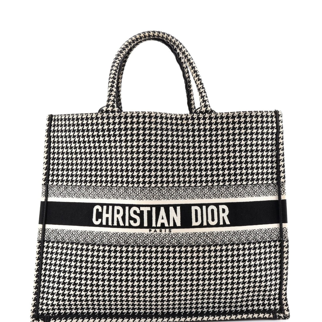 Dior Canvas Houndstooth Christian Large Book Tote: Dior Canvas Houndstooth Christian Large Book Tote Black canvas houndstooth Christian Dior book tote with a large size, 13.5" height and 16.5" width, featuring a plain canvas exterior and black