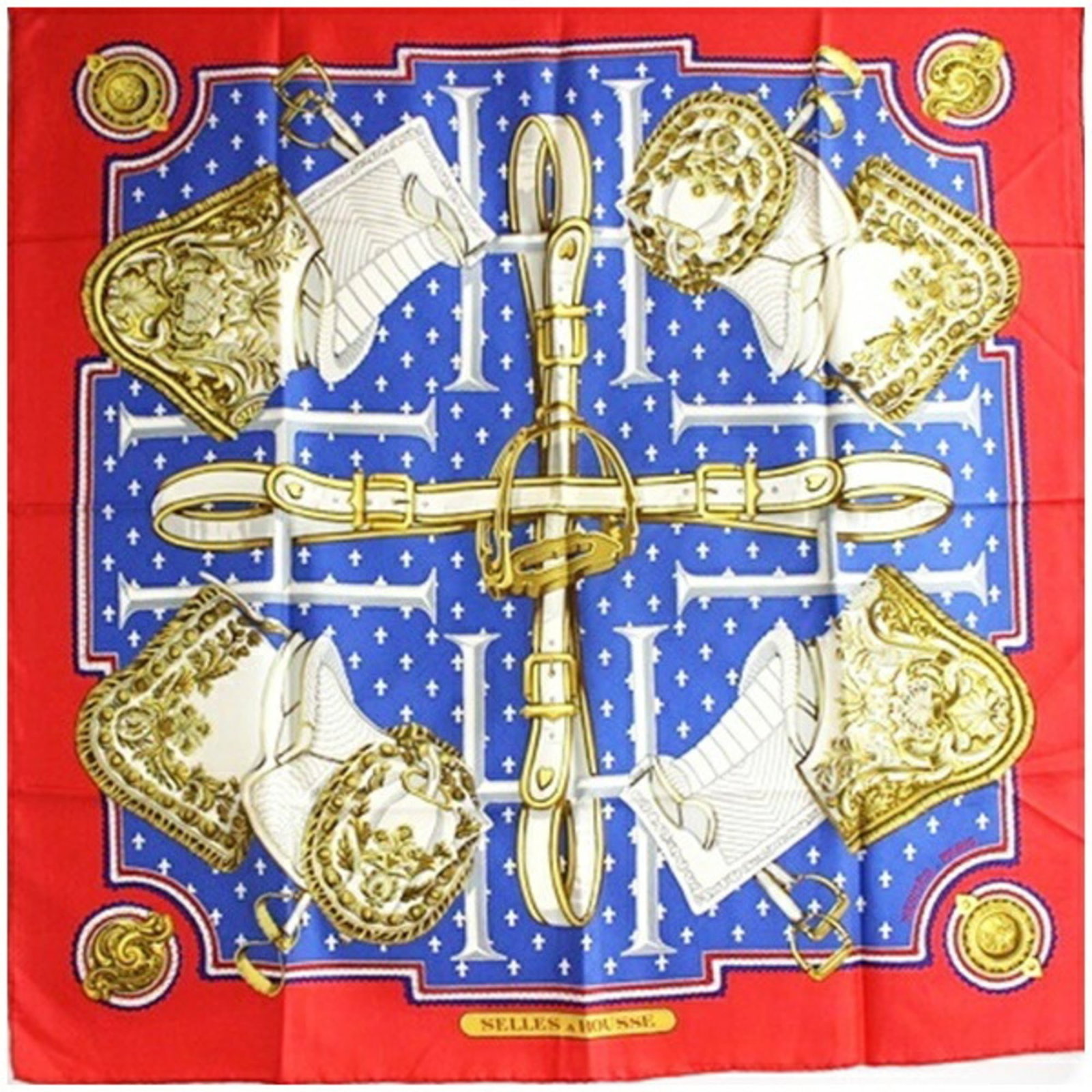Silk Hermes Scarf: Silk Hermes Scarf Silk from high-quality materials, this 90cm x 88cm scarf is crafted from 100% silk, featuring a vibrant blue color and a classic design. The scarf's 35.43'' x 34.64'' dimensions