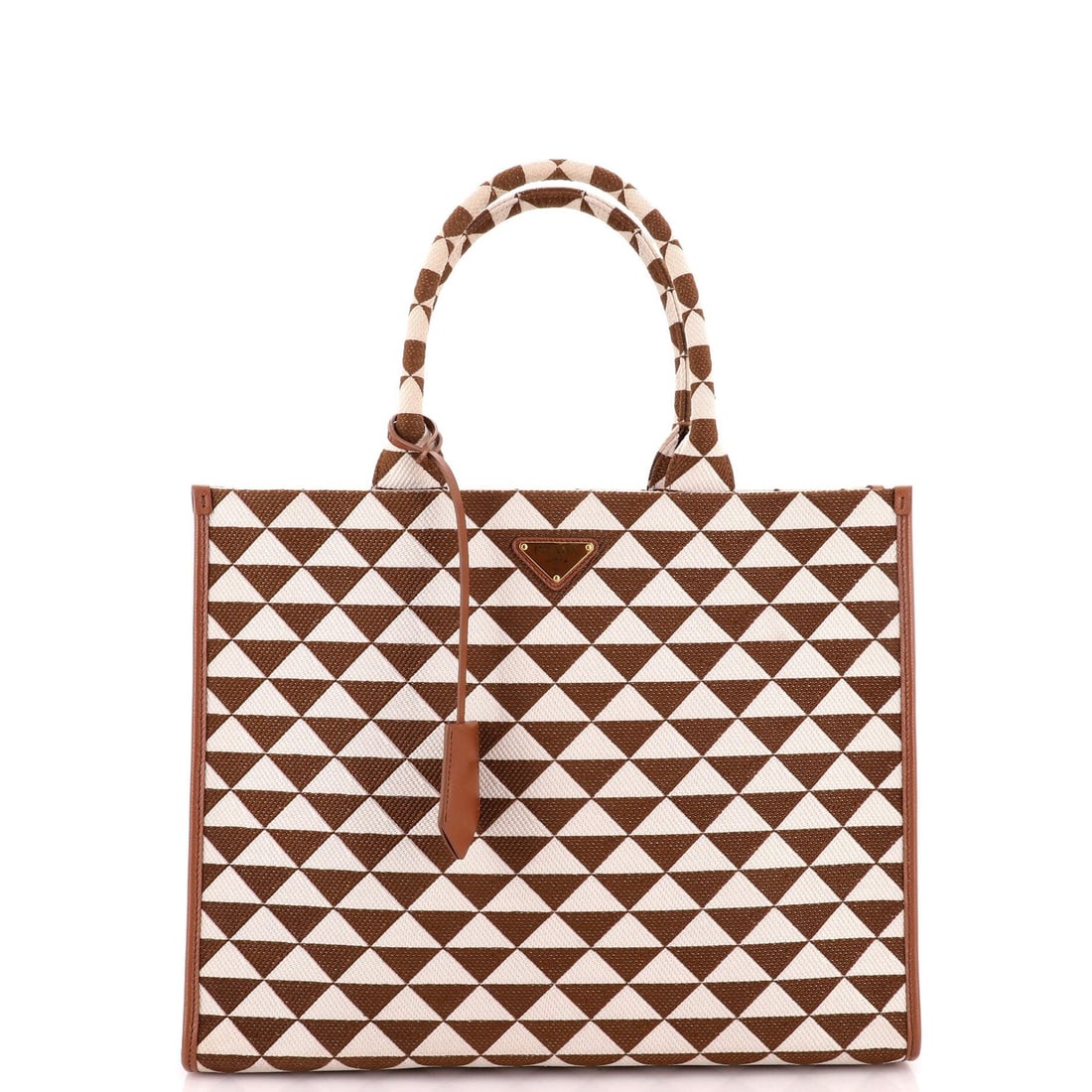 Tote Shopper Large Prada Symbole Jacquard: Tote Shopper Large Prada Symbole Jacquard Large Prada Symbole Jacquard Tote in Brown and Black. This spacious Symbole Shopper Tote features a striking Jacquard exterior with a classic brown and black