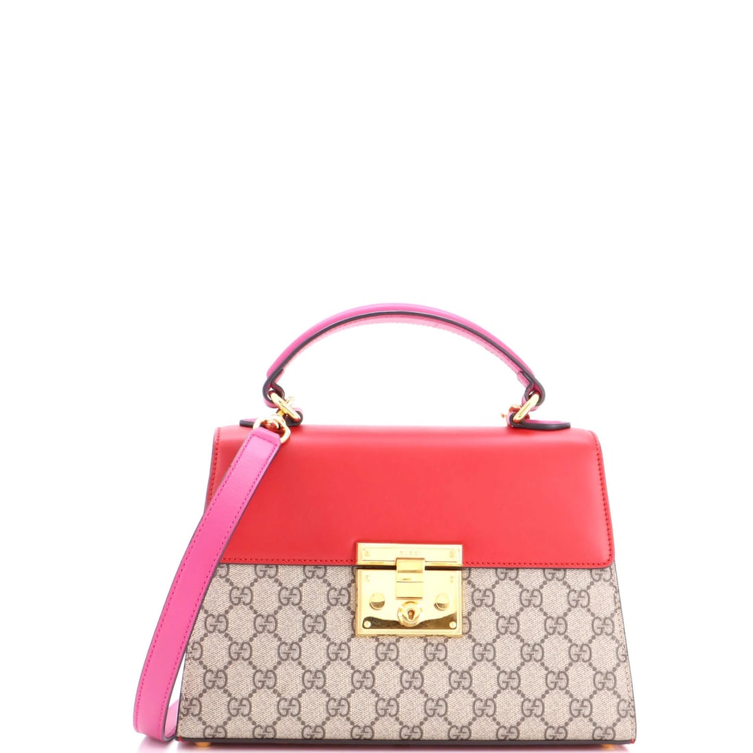 Gucci GG Coated Canvas Leather Bag Top Padlock Small: Gucci GG Coated Canvas Leather Bag Top Padlock Small Gucci GG Coated Canvas Leather Bag Top Padlock Small - A statement piece with a bold, multicolor exterior and gold hardware, this small bag