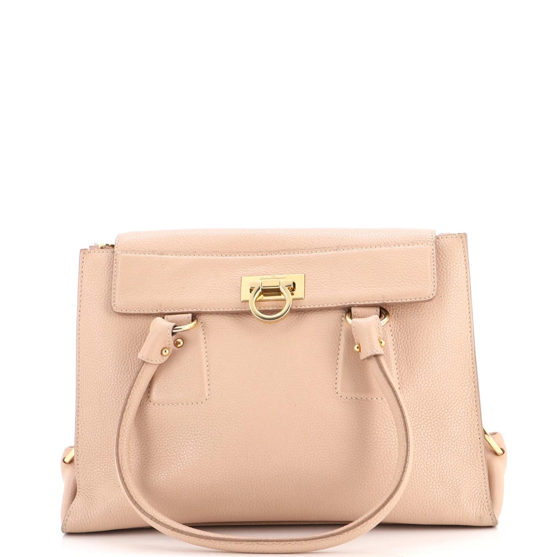 Ferragamo Satchel Leather Medium Lotty Salvatore: Ferragamo Satchel Leather Medium Lotty Salvatore Medium Lotty Satchel by Salvatore Ferragamo, crafted from rich leather, features a neutral exterior with subtle edge wear and scuffs. The interior